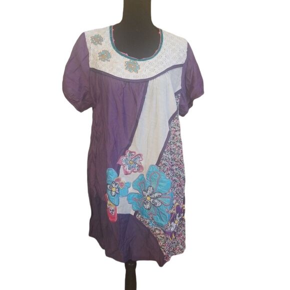 Sacred Threads Dress Women's Size Medium Purple Boho Short Sleeve Floral New - Picture 1 of 9